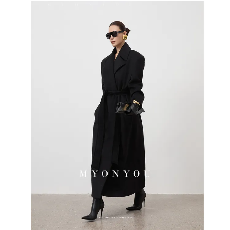 MYONYOU原创小众 无扣设计宽肩极简廓形长款气质系带黑色羊毛大衣