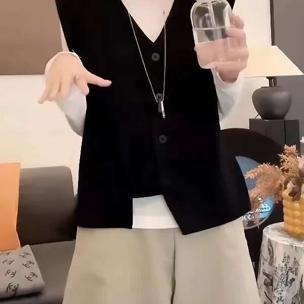 欧货黑色不规则针织马甲女秋季大码胖MM小众设计百搭背心马夹上衣