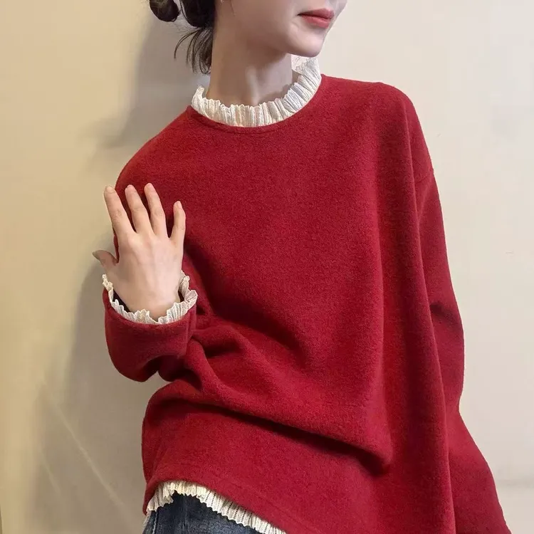 德绒打底衫女拼接蕾丝上衣假两件T恤今年流行爆款半高领内搭保暖