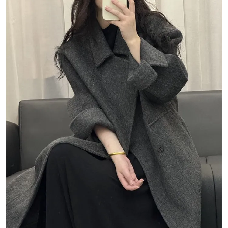 黑色双面羊绒大衣女长款2025秋冬新款气质高级宽松过膝羊毛呢外套