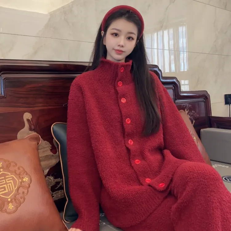 半边绒娜扎立领开衫套装小香风红色加厚翻领秋冬高档可外穿睡衣