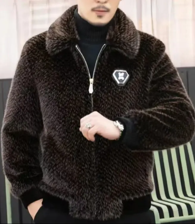 2025秋冬大气保暖高级外套短款男士仿貂麦穗皮草皮毛夹克