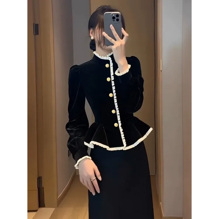 黑色撞色丝绒长袖衬衫秋冬季新款大码女装设计感绝美气质修身上衣