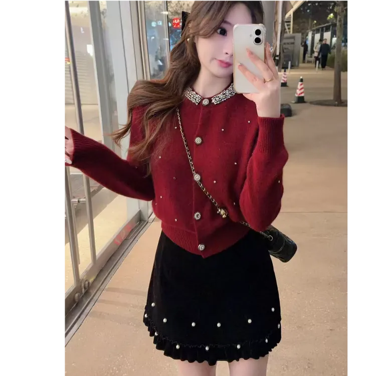 MuMu微胖定制冬季厚气质红色小香风高级感钉珠洋气毛衣WPWGN00147
