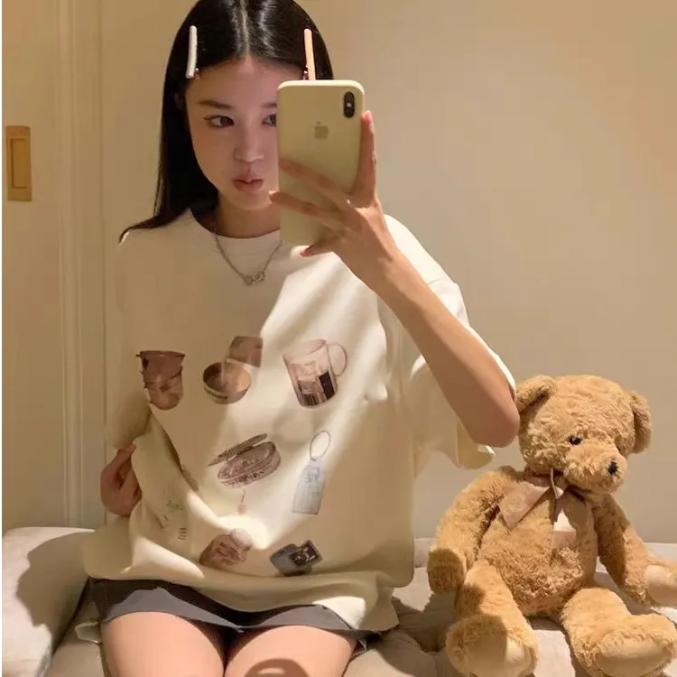 韩系时尚印花圆领短袖正肩T恤女夏新款小众设计感独特漂亮ins上衣