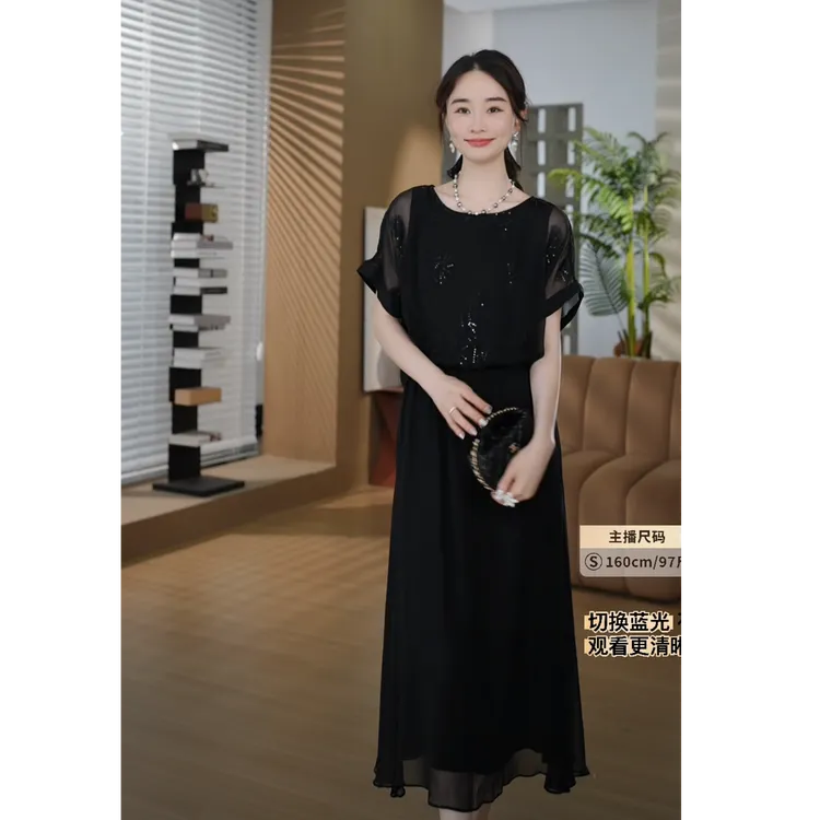 HELA AOMI“夜巴黎”桑蚕丝100%显瘦优雅气质黑色连衣裙CY5BZ89658