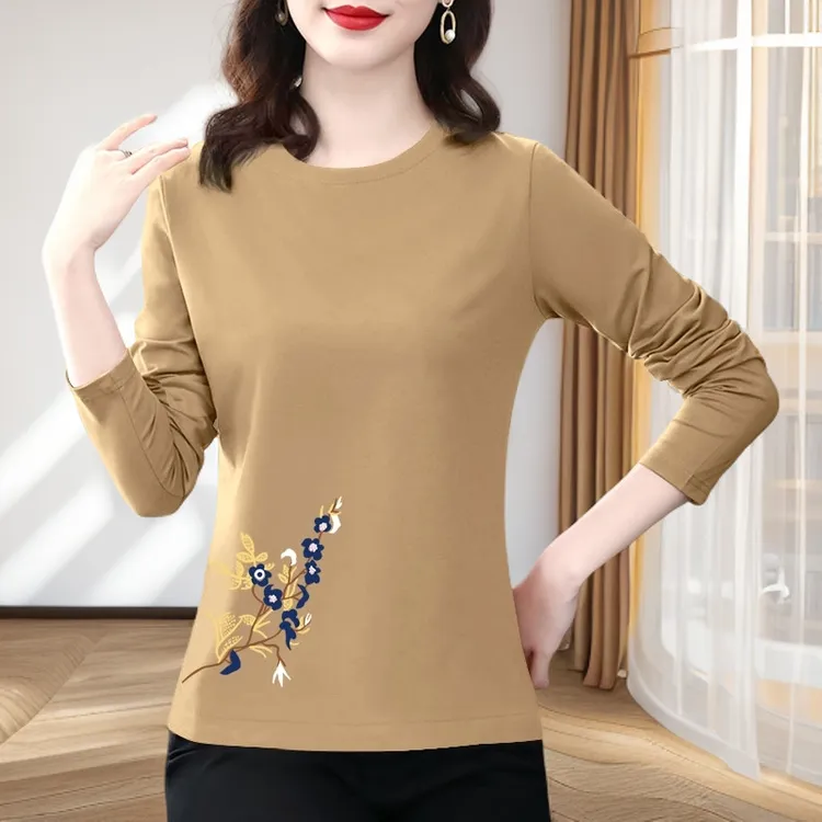 妈妈装长袖T恤春秋圆领印花纯棉女士薄款打底衫大码休闲百搭上衣