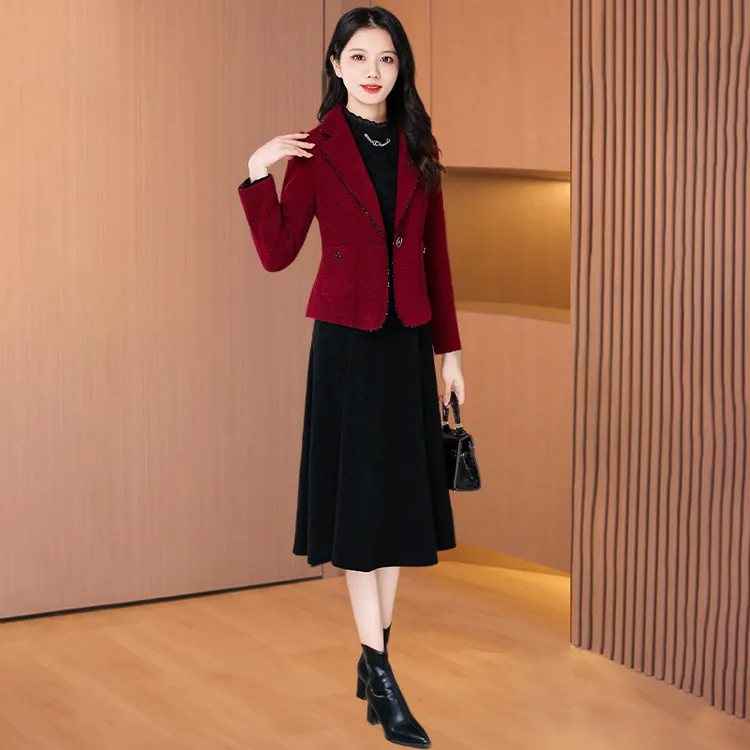【拉夏】品牌红色小香风时尚套装连衣裙2025秋新款喜婆婆婚宴两件套