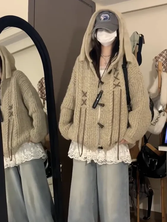 纯色针织上衣针织衫时尚慵懒风帽衫毛针织衫连帽美式设计师