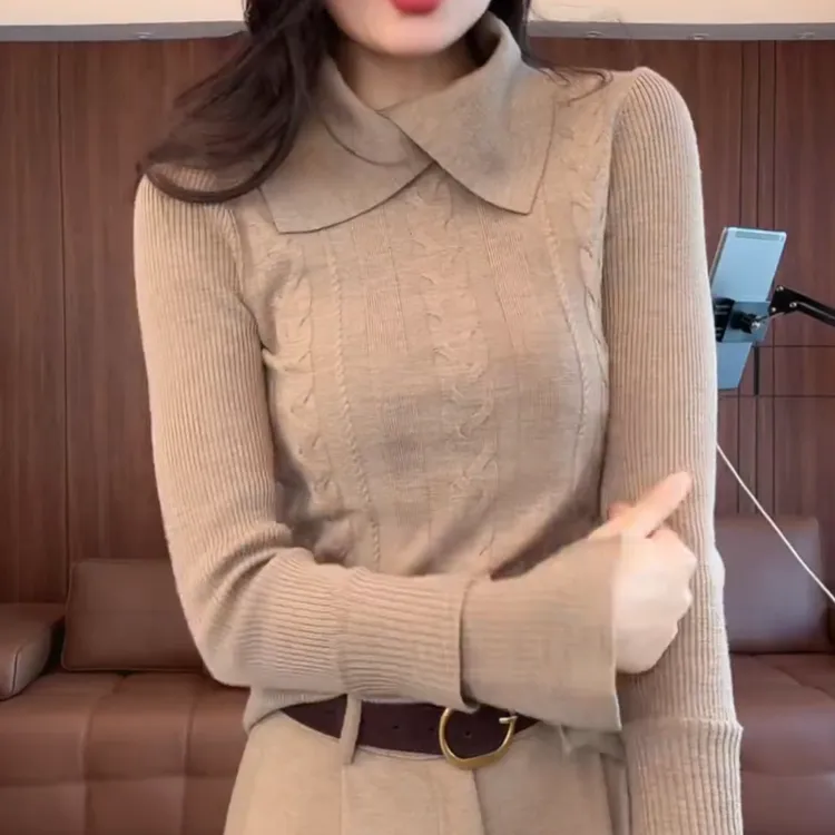 【温婉气质】冬季新款绞花翻领百搭显瘦时尚针织衫LK2508371