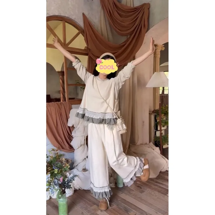 大码韩系拼接花边打底衫马甲显瘦宽松花边裤套装699530#