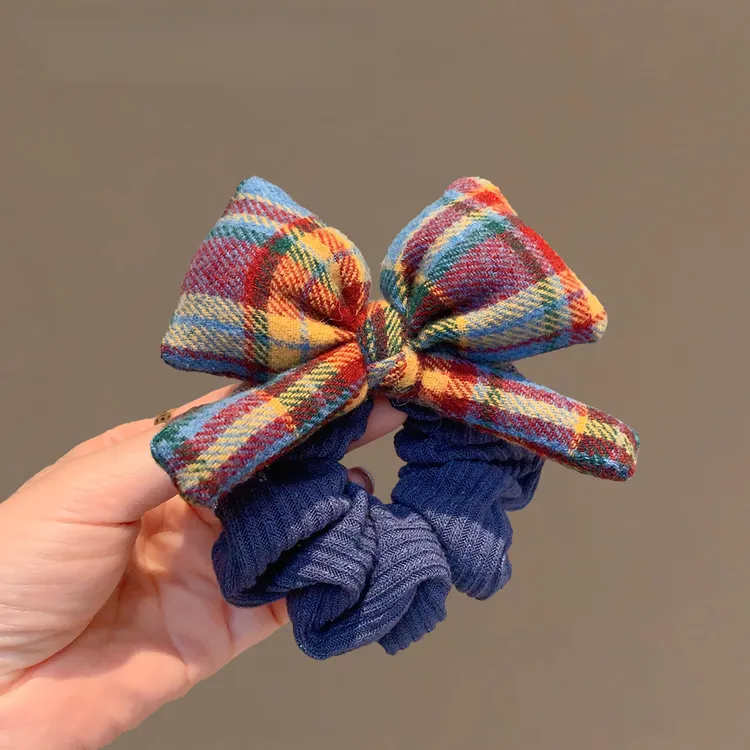 韩系时尚复古格纹蝴蝶结发圈品质针织肠圈头绳2025秋冬新款发绳女