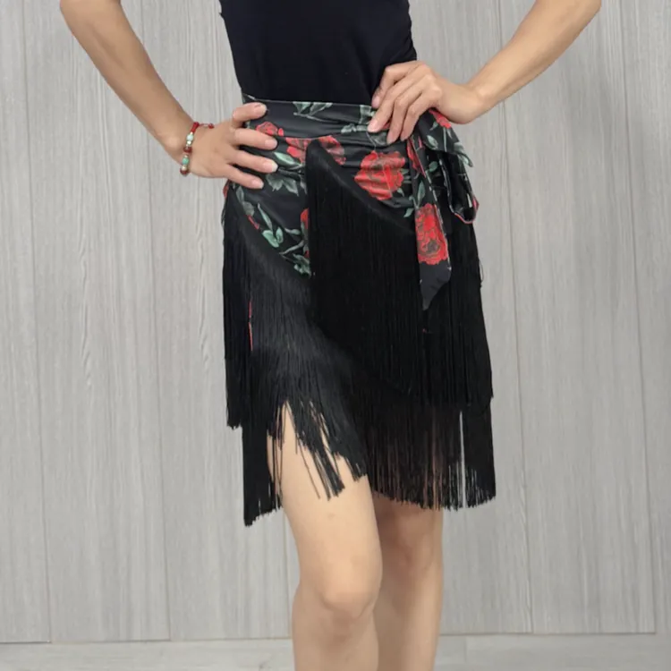 拉丁舞新款成人女围裙双面穿表演服流苏半身裙舞蹈练功服演出臀巾