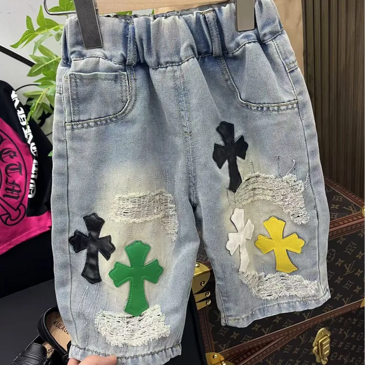 破价-潮牌牛仔短裤男夏季新款时尚流行绣花百搭破洞补丁七分裤