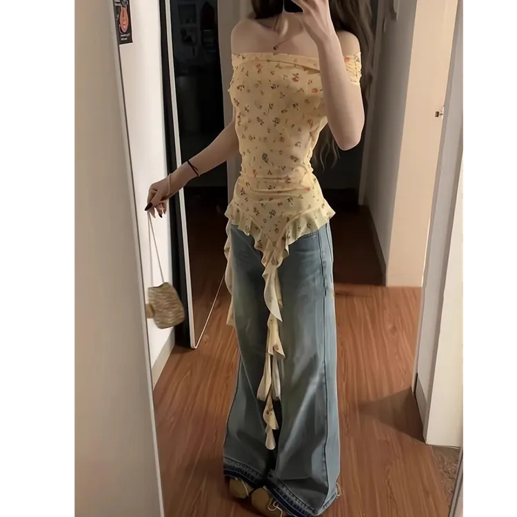 Not defined法式露肩碎花吊带背心女夏季性感辣妹显瘦不规则上衣