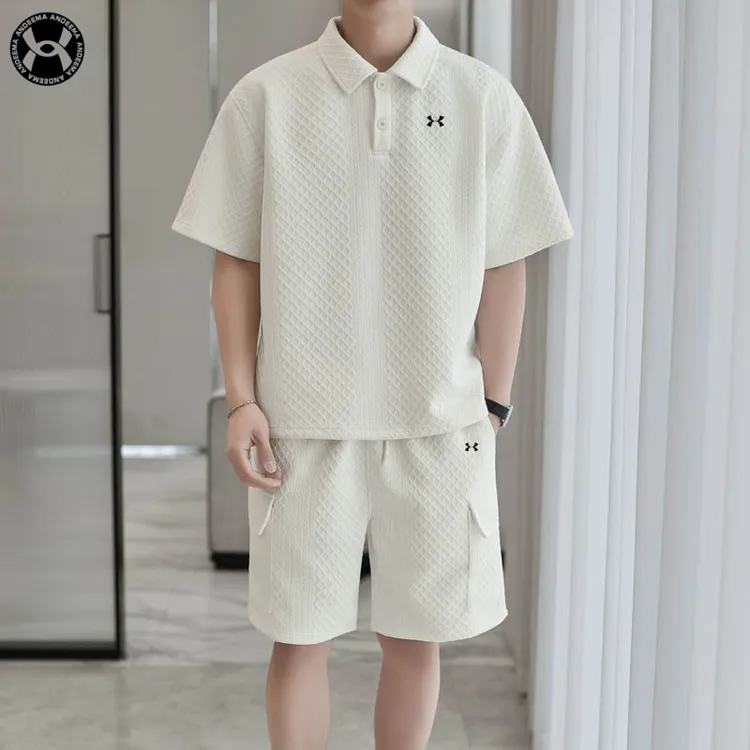 andeema夏季休闲时尚运动套装简约版型格子潮流宽松透气短袖