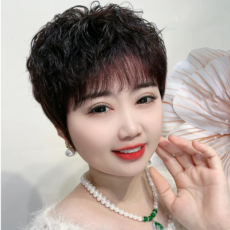 真人假发女短发纹理烫妈妈短卷发中老年发丝发套女全真发假发头套