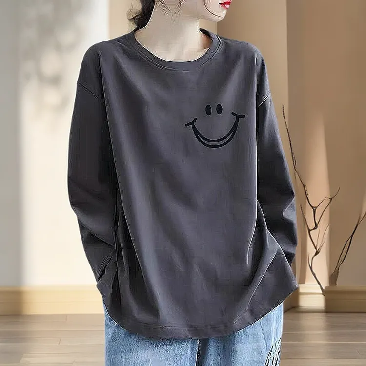 纯棉长袖T恤女2025春秋新款时尚宽松显瘦上衣休闲简约圆领体恤ins