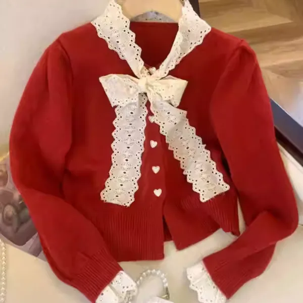 法式蕾丝花边毛衣外套女秋冬季新款长袖蝴蝶结洋气针织衫开衫上衣