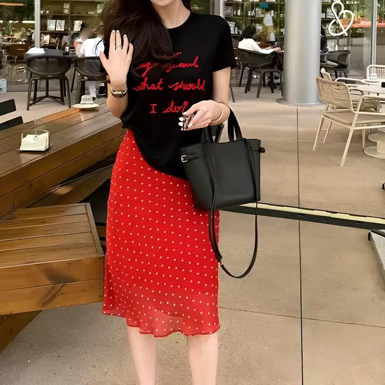 红色碎花波点斜裁高腰半身裙夏季时尚百搭显瘦中长款包臀A字裙子