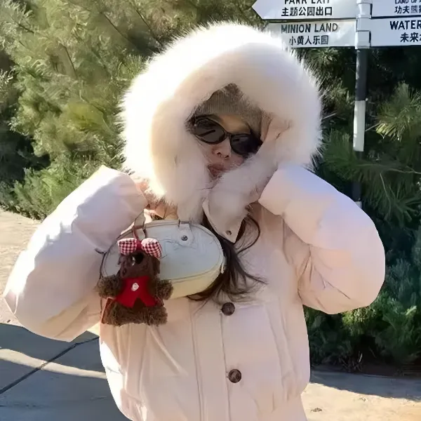 冬季毛领粉色短款棉服连帽外套女冬季2025年新款高级感防寒面包服