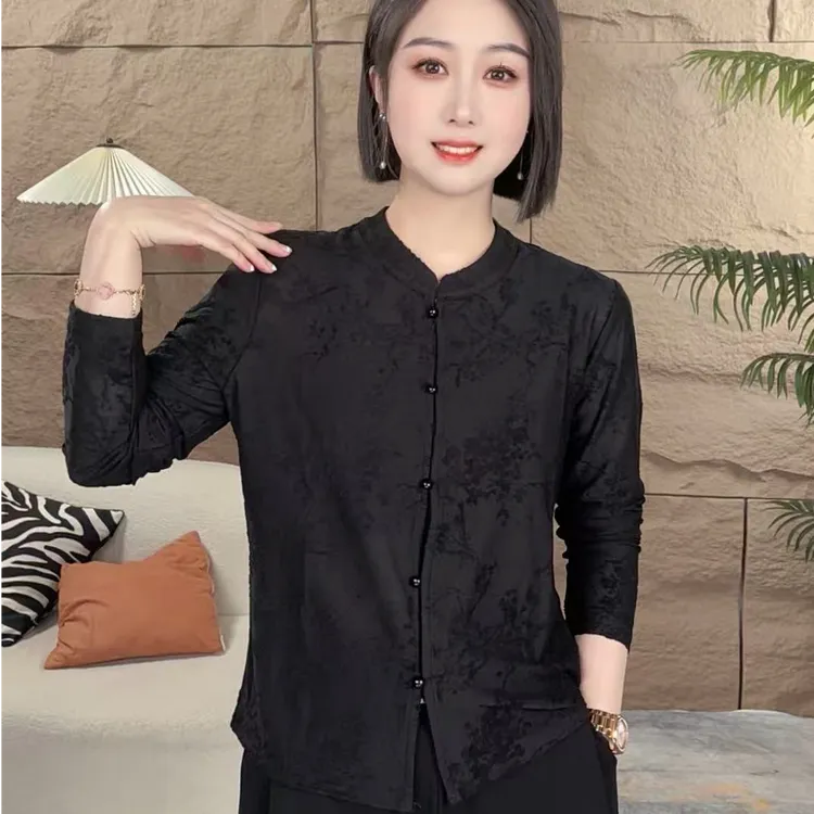 2025新款中式秋装复古提花时尚休闲圆领女气质百搭长袖上衣衬衣