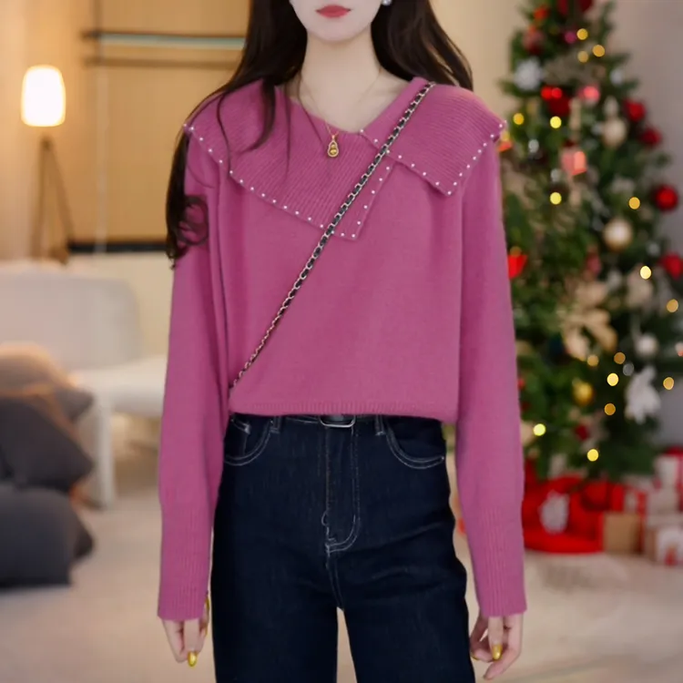 不规则钉珠翻领长袖针织衫女2025秋冬新款高级感气质百搭显瘦上衣
