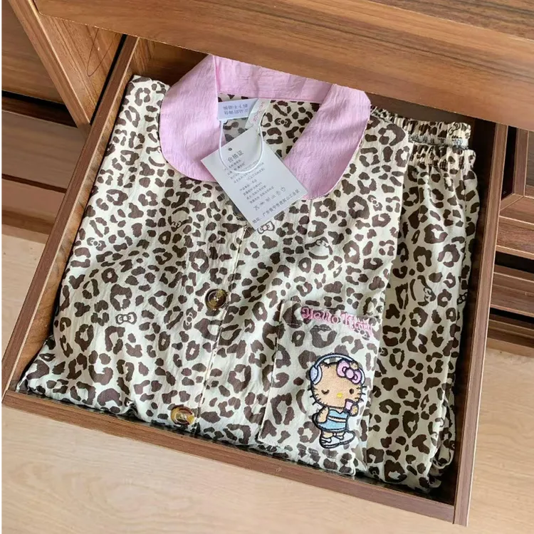 日系粉红豹纹黑皮刺绣Kitty睡衣女款2025秋季长袖学生家居服套装
