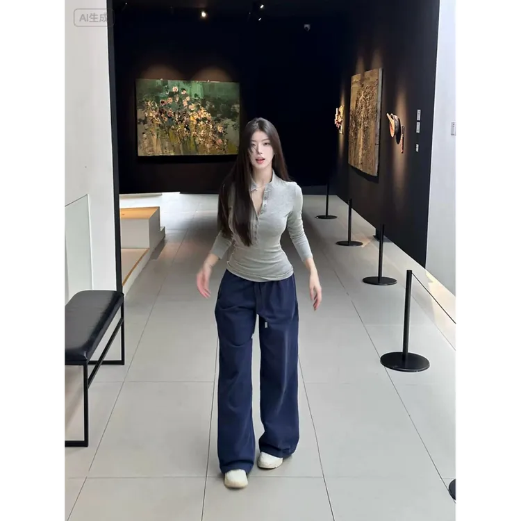 清冷美女感早秋新款长袖纽扣亨利衫上衣+藏青拖地直筒卫裤套装女