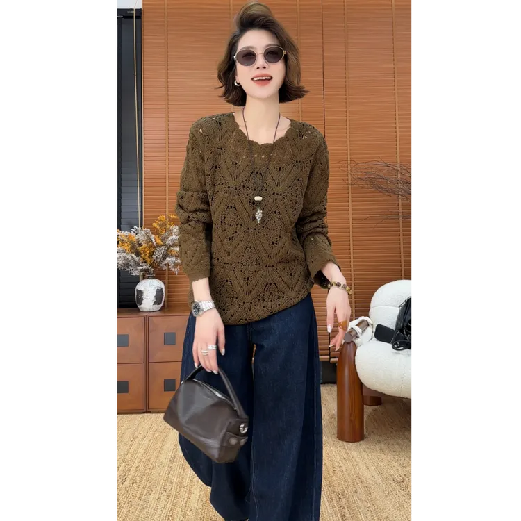 YYOUHAN 2025新款【曼彻斯特】极简镂空花边领套头针织衫 2508C4979