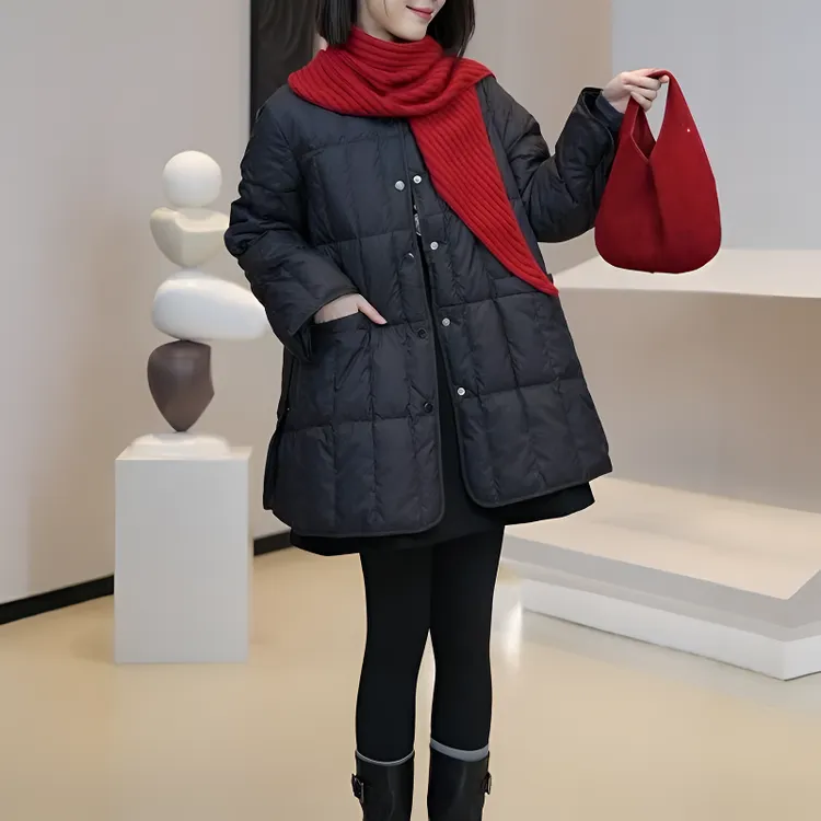 棉服女款2025新款中长款冬时尚气质设计感格纹外套洋气轻薄小棉袄