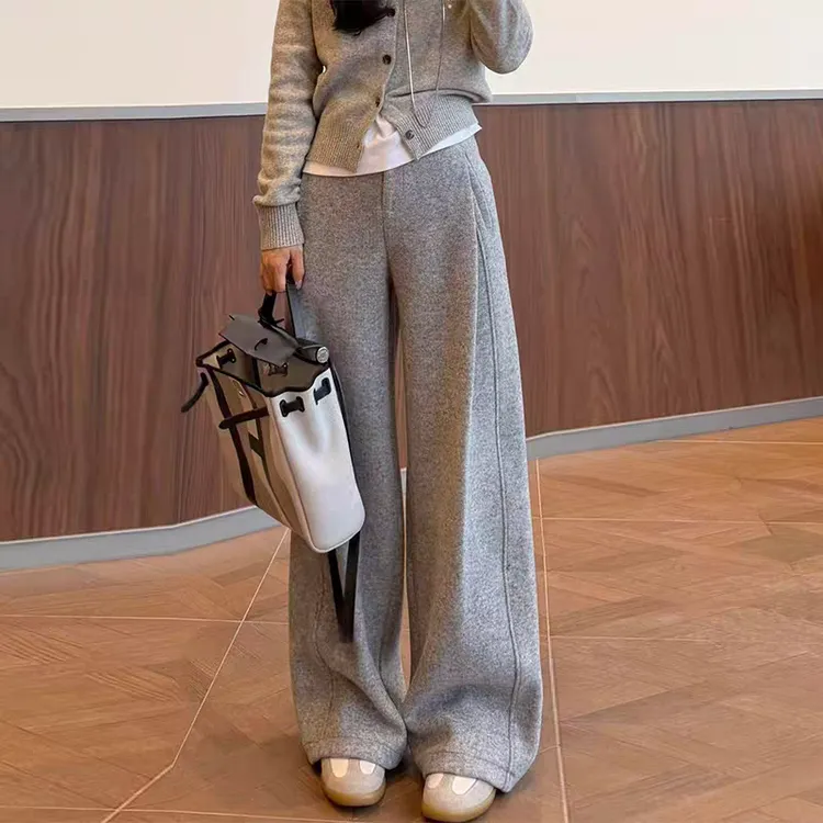 冬季新款加绒加厚灰羊毛阔腿裤高腰显瘦休闲直筒女裤网红时尚百搭