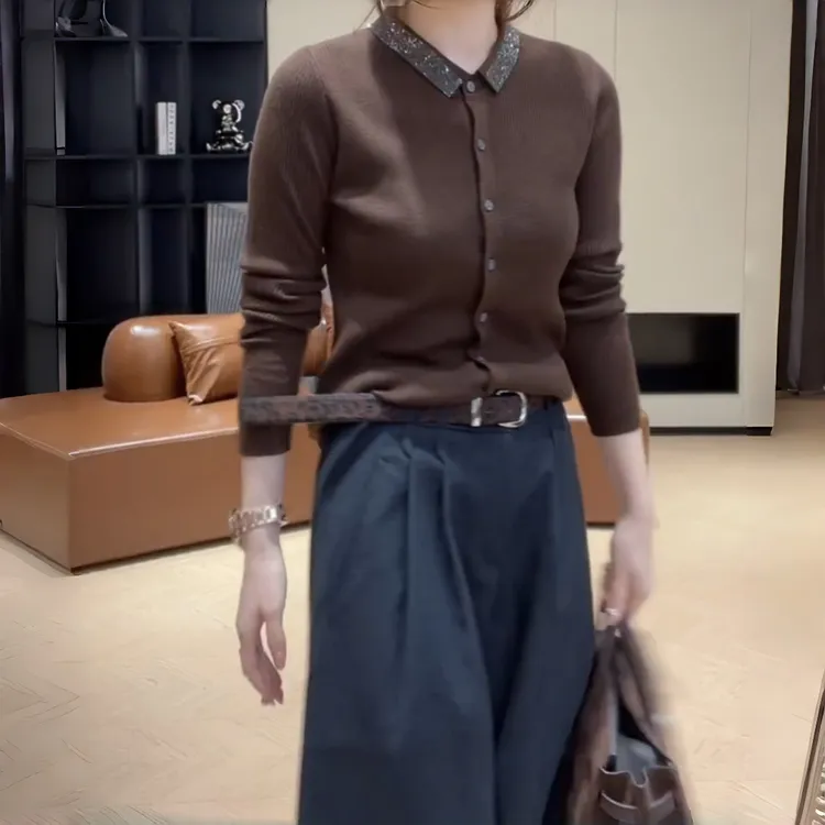 秋冬显瘦烫钻翻领单排扣显瘦打底上衣百搭长袖YY-80014