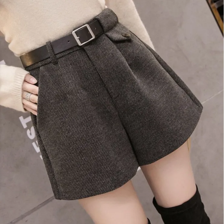 高腰毛呢拼接时尚成人秋冬季外穿短裤阔腿裤大码宽松百搭显瘦