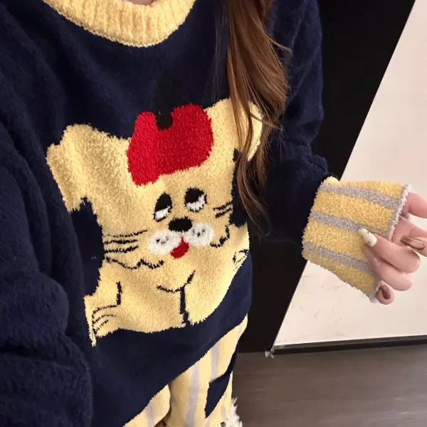 韩系软萌小狗半边绒睡衣女冬款新款大码加厚保暖家居服套装可外穿