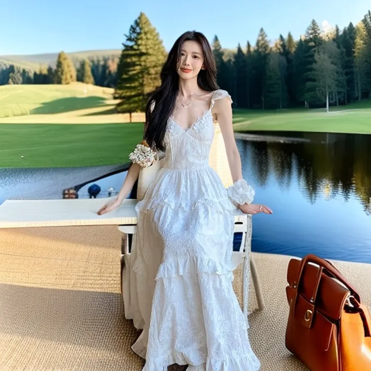 山茶白月光吊带连衣裙女2025春季新品气质小众时尚洋气法式度假风