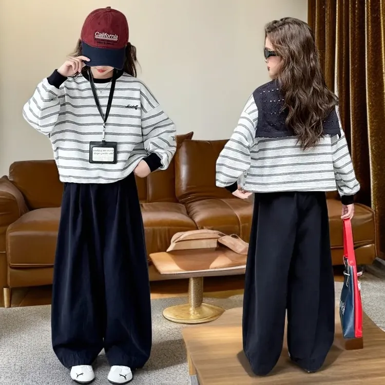 D女童秋季时尚披肩条纹卫衣阔腿裤套装6~12岁中大童洋气宽松时髦