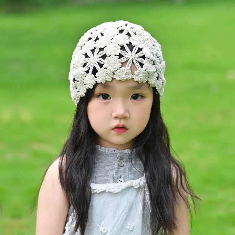 儿童手工编织包头帽子夏季镂空透气女童针织帽女孩花朵洋气遮阳帽