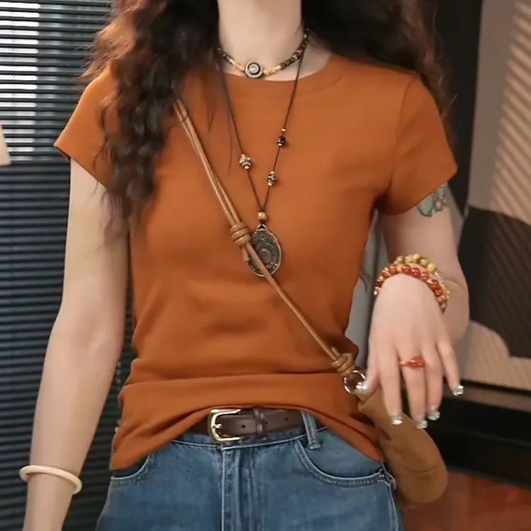 【琥珀流光】2025新款简约百搭纯色修身圆领短袖T袖LK2506982