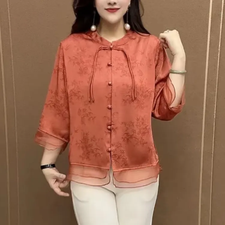 2025夏季新款时尚洋气百搭遮肉宽松显瘦国风提花衬衫妈妈装上衣女