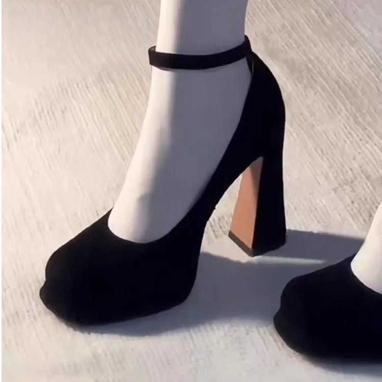 足主流2025新款时尚黑色绒面粗跟玛丽珍厚底小个子高跟鞋女百搭