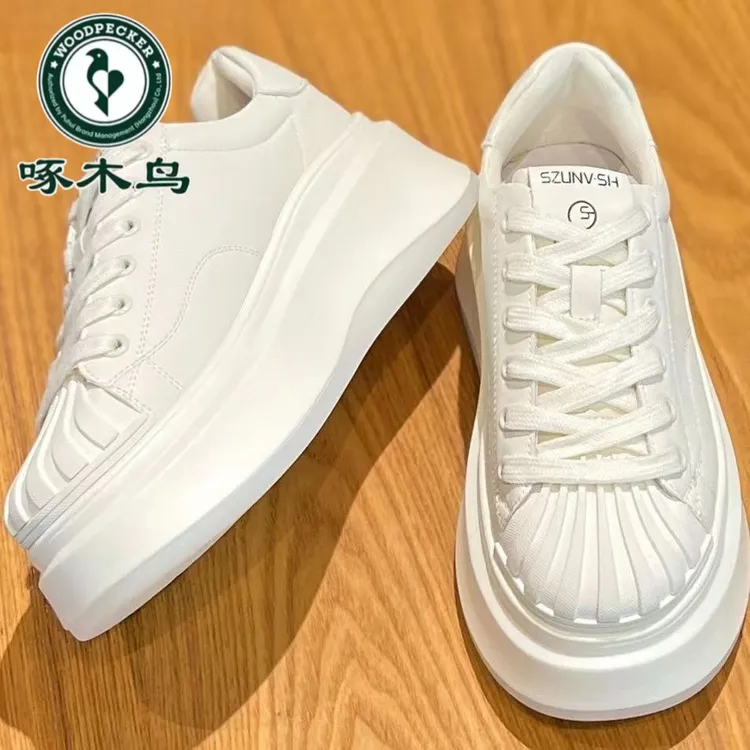 啄木鸟贝壳头增高厚底小白鞋女气质白色2025款女子透气系带德训鞋