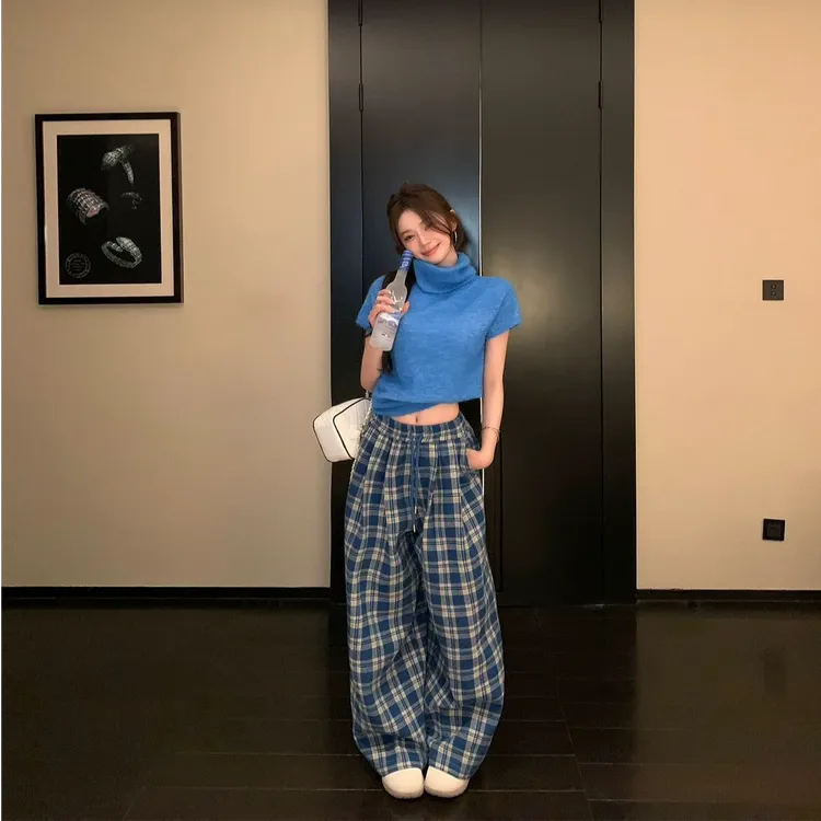 韩系高级感蓝色高领毛衣女秋冬慵懒风内搭无袖针织马甲格子休闲裤
