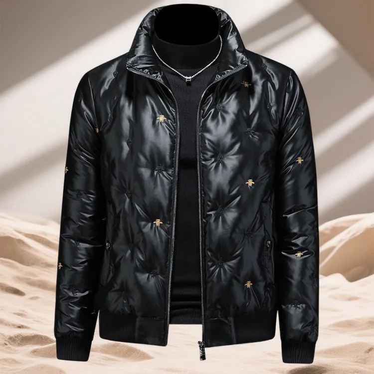 宾斯洛特时尚休闲男士潮流冬季亮面羽绒服男加厚外套小蜜蜂刺绣潮