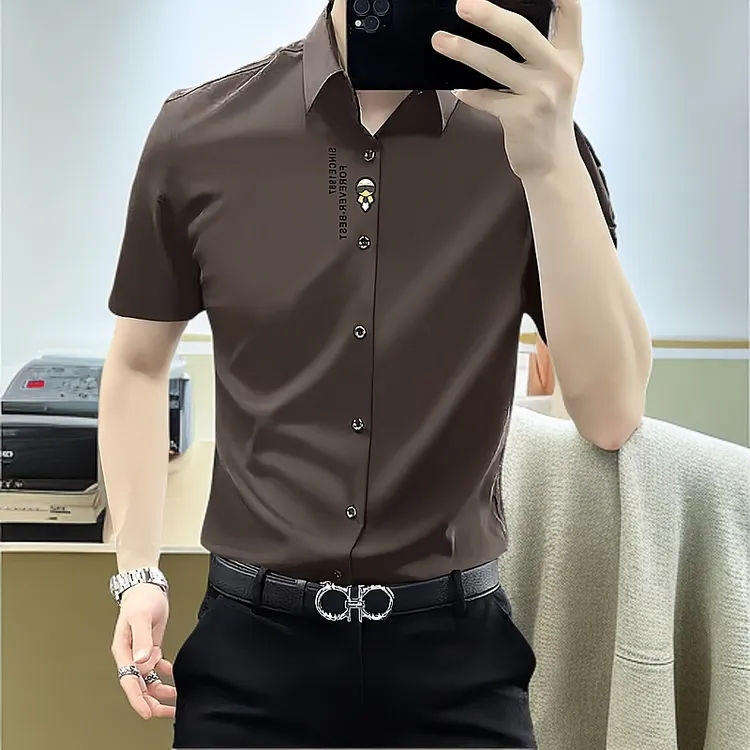 夏季爆款高档免烫抗皱商务衬衫轻奢短袖男款休闲修身无痕衬衣时尚