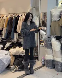 2025冬季针织V领亮晶晶中长款毛衣宽松ins时尚加厚衣长80左右#233