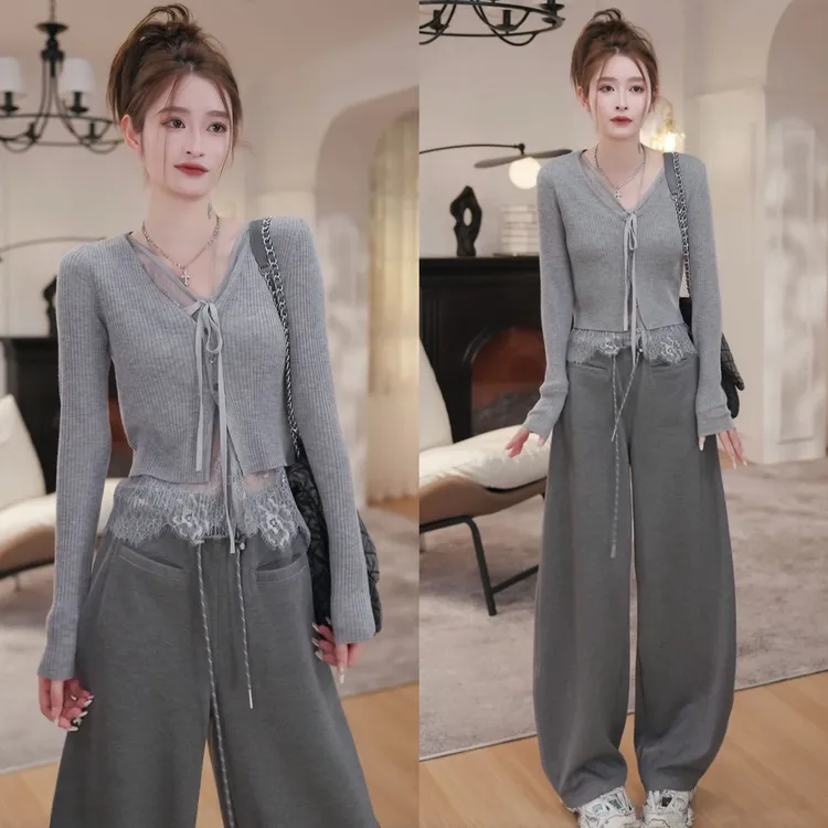 2025秋季新款时尚休闲减龄套装假两件蕾丝拼接针织衫阔腿裤两件套