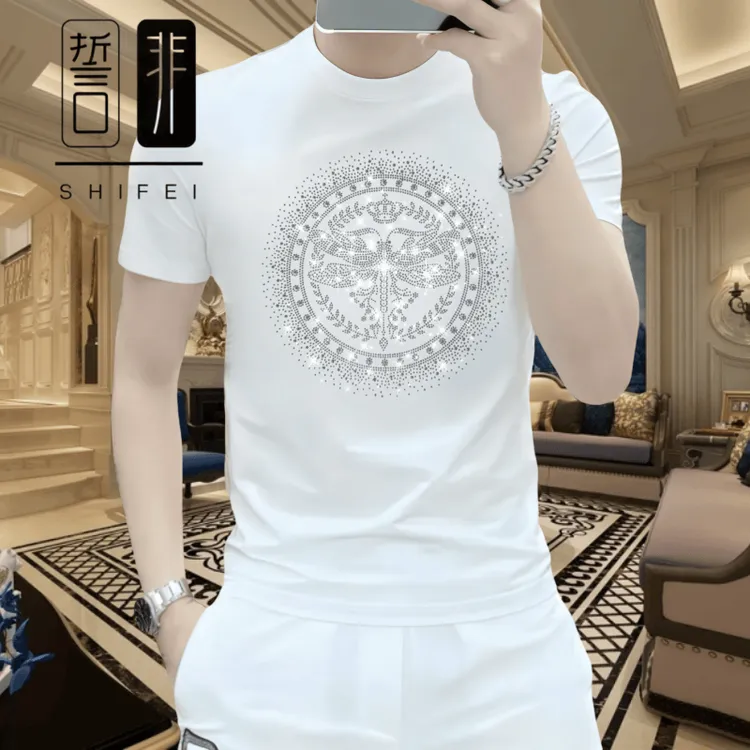 男士新款烫钻冰丝透气时尚百搭夏季潮流修身休闲圆领轻奢短袖T恤