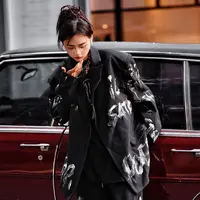 XLUN【都市手稿】高级感戗驳领印花西装外套男士痞帅气休闲西服上衣