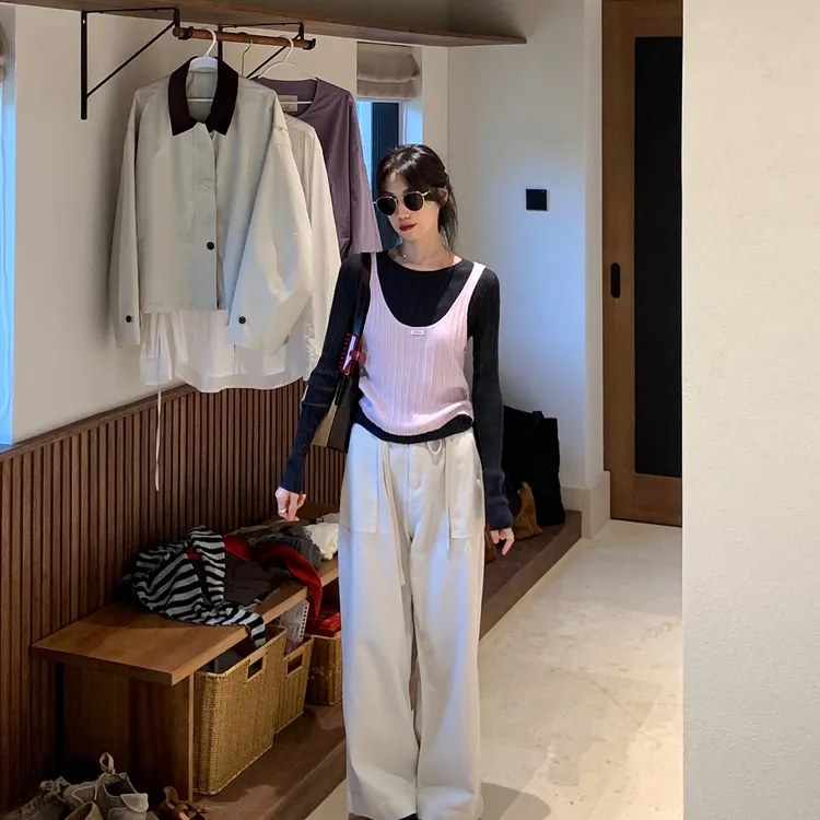 韩系灰粉假两件针织背心女2025秋新高级感气质修身显瘦上衣